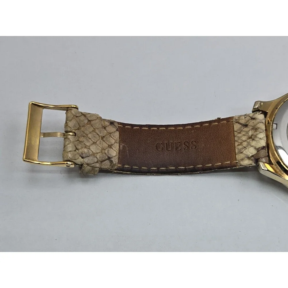 GUESS Womens Gold Tone MOP Day Date Watch Crystals Snake Leather New Battery